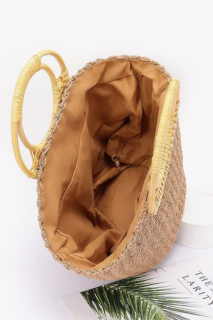 Faux Straw Tote Bag with Bamboo Handles - Belle Kloset