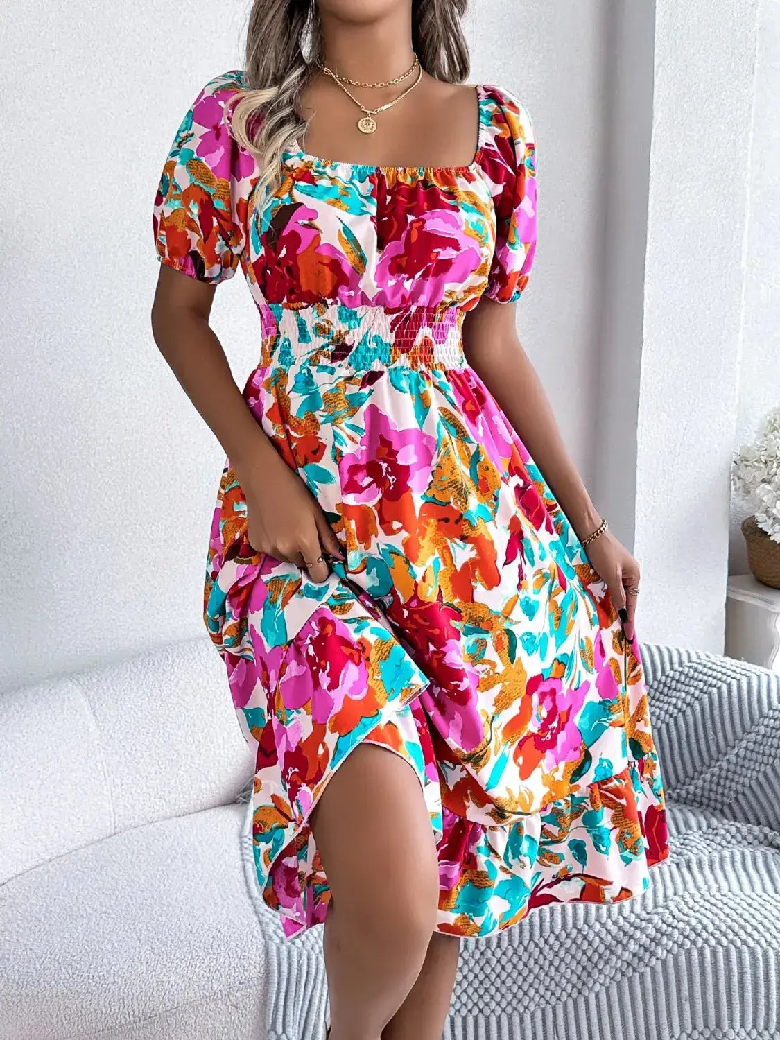 Floral Midi Dress With Short Sleeves – Chic Women's Dresses | Belle Kloset Fashion